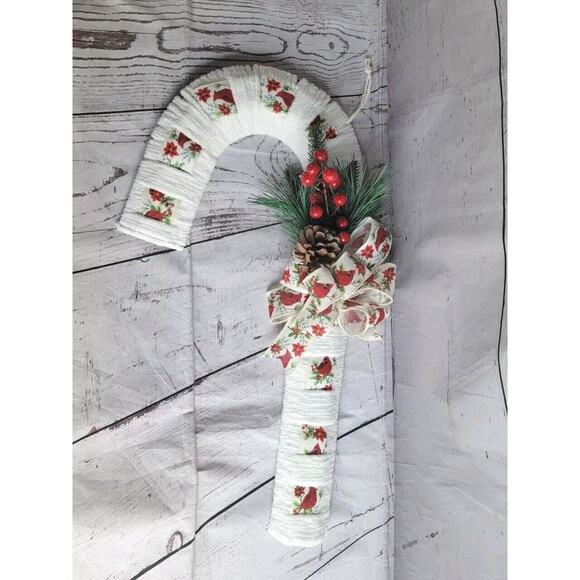 Handmade Candy Cane Wreath With Cardinal Ribbon And Embellishment Pinecone New - Picture 1 of 8
